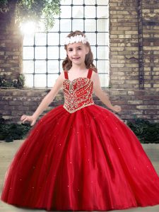 Red Lace Up Straps Beading Little Girls Pageant Dress Tulle Sleeveless