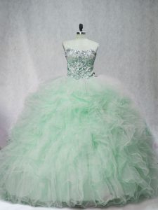 Apple Green Lace Up Strapless Beading and Ruffles Quinceanera Dresses Tulle Sleeveless Brush Train
