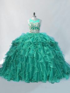 Turquoise Two Pieces Beading and Ruffles Quinceanera Dresses Zipper Organza Sleeveless