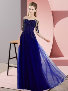 Spectacular Blue Empire Chiffon Bateau Half Sleeves Beading and Lace Floor Length Lace Up Dama Dress for Quinceanera