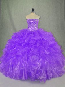 Best Purple Strapless Neckline Beading and Ruffles 15 Quinceanera Dress Sleeveless Lace Up
