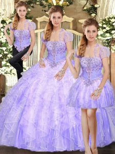 Spectacular Lavender Quinceanera Dress Military Ball and Sweet 16 and Quinceanera with Beading and Appliques and Ruffles Strapless Sleeveless Lace Up