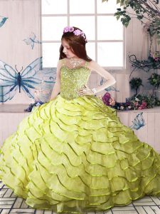 Straps Sleeveless Little Girls Pageant Dress Wholesale Beading and Ruffled Layers Yellow Green Organza