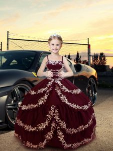 Charming Burgundy Ball Gowns Straps Sleeveless Satin Floor Length Lace Up Embroidery Little Girl Pageant Dress
