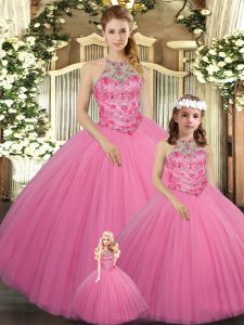 Custom Fit Rose Pink Tulle Lace Up Sweet 16 Dresses Sleeveless Floor Length Beading