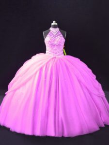 Custom Fit Lilac Quince Ball Gowns Sweet 16 and Quinceanera with Beading and Pick Ups Halter Top Sleeveless Lace Up