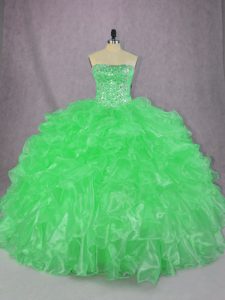 Strapless Sleeveless 15 Quinceanera Dress Floor Length Beading and Ruffles Green Organza