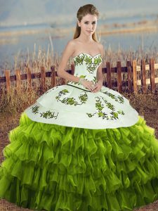 Sweetheart Sleeveless Organza 15th Birthday Dress Embroidery and Ruffled Layers and Bowknot Lace Up
