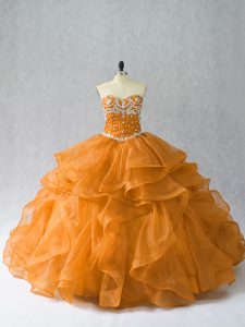 Orange Sleeveless Floor Length Beading and Ruffles Lace Up Quinceanera Gowns