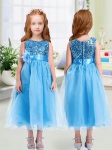 Custom Fit Sleeveless Tea Length Sequins and Hand Made Flower Zipper Custom Made Pageant Dress with Baby Blue