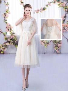 Fashion Tulle Sleeveless Tea Length Dama Dress for Quinceanera and Lace