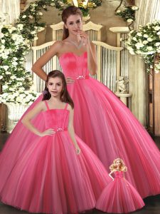 Coral Red Lace Up Sweetheart Beading Ball Gown Prom Dress Tulle Sleeveless