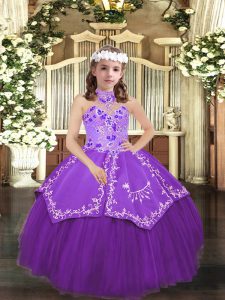 Discount Sleeveless Tulle Floor Length Lace Up Little Girl Pageant Gowns in Eggplant Purple with Embroidery