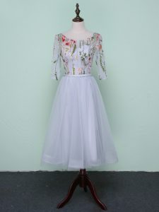 Fancy Knee Length Grey Quinceanera Dama Dress Tulle Half Sleeves Embroidery