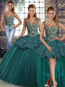 Extravagant Green Three Pieces Beading and Appliques 15th Birthday Dress Lace Up Tulle Sleeveless Floor Length