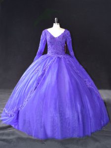Fitting Purple Ball Gowns V-neck Long Sleeves Tulle Floor Length Lace Up Lace and Appliques Ball Gown Prom Dress