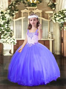 Blue Ball Gowns Beading Little Girl Pageant Dress Lace Up Tulle Sleeveless Floor Length