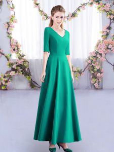 Delicate Turquoise Empire V-neck Half Sleeves Satin Ankle Length Zipper Ruching Quinceanera Court of Honor Dress