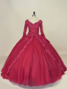 Traditional Red Long Sleeves Lace and Appliques Floor Length Vestidos de Quinceanera