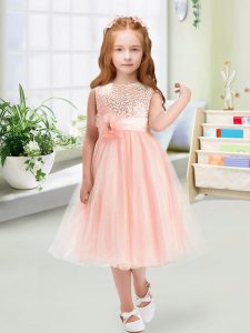 Delicate Sleeveless Organza Tea Length Zipper Pageant Dress for Womens in Baby Pink with Sequins and Hand Made Flower