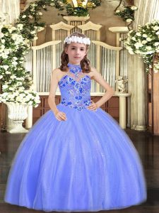 Excellent Blue Ball Gowns Tulle Halter Top Sleeveless Appliques Floor Length Lace Up Little Girls Pageant Dress