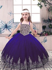 Trendy Purple Ball Gowns Straps Sleeveless Tulle Floor Length Lace Up Beading and Embroidery Evening Gowns
