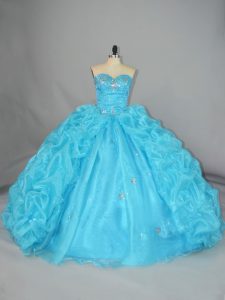 Blue Lace Up Sweetheart Embroidery and Ruffles Sweet 16 Dress Organza Sleeveless
