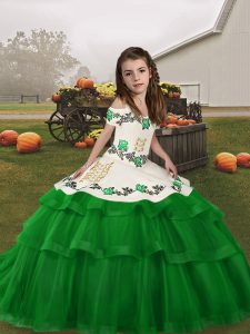 Green Tulle Lace Up Straps Sleeveless Floor Length Pageant Dress for Girls Embroidery and Ruffled Layers