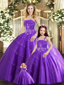 Luxurious Purple Ball Gowns Tulle Strapless Sleeveless Beading Floor Length Lace Up 15 Quinceanera Dress