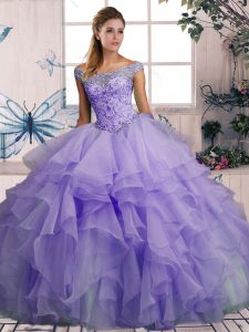 Organza Off The Shoulder Sleeveless Lace Up Beading and Ruffles Quinceanera Dress in Lavender