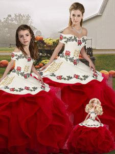 Exceptional White And Red Ball Gowns Tulle Off The Shoulder Sleeveless Embroidery and Ruffles Floor Length Lace Up Sweet 16 Dress