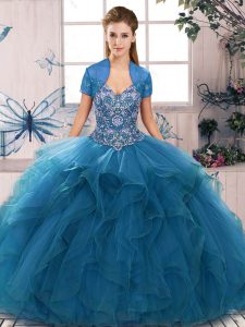 Suitable Blue Sleeveless Tulle Lace Up Ball Gown Prom Dress for Military Ball and Sweet 16 and Quinceanera