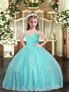 Aqua Blue Lace Up Straps Appliques Winning Pageant Gowns Tulle Sleeveless