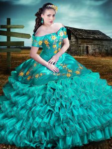 Cheap Turquoise Lace Up Quinceanera Dresses Embroidery and Ruffles Sleeveless Floor Length