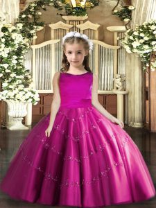 Fuchsia Ball Gowns Tulle Scoop Sleeveless Beading Floor Length Lace Up Little Girl Pageant Dress