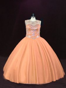 Edgy Sleeveless Tulle Floor Length Lace Up Quinceanera Gowns in Peach with Beading