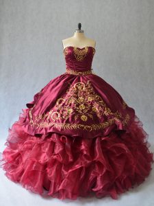 Burgundy Lace Up Sweet 16 Dress Beading and Embroidery Sleeveless Brush Train
