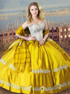 Gold Ball Gowns Satin Sweetheart Sleeveless Beading and Embroidery Floor Length Lace Up 15th Birthday Dress