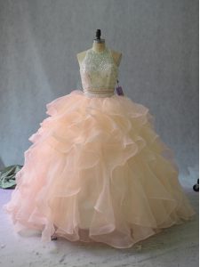 Peach Organza Backless Halter Top Sleeveless Quinceanera Gowns Beading and Ruffles