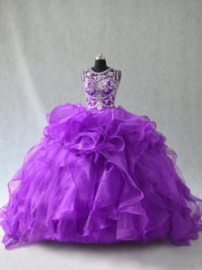 Flare Purple Lace Up Scoop Beading and Ruffles Vestidos de Quinceanera Organza Sleeveless