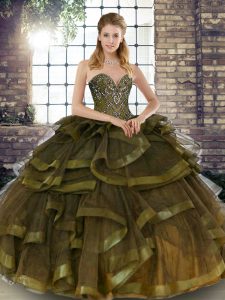 Olive Green Ball Gowns Beading and Ruffles Quinceanera Gown Lace Up Tulle Sleeveless Floor Length