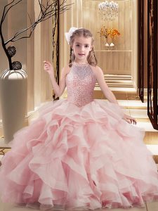 Pink Pageant Dress for Teens Party and Sweet 16 and Wedding Party with Beading and Ruffles Scoop Sleeveless Lace Up
