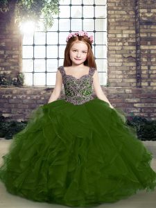 Pretty Floor Length Side Zipper Little Girls Pageant Dress Wholesale Olive Green for Party and Military Ball and Wedding Party with Beading and Ruffles