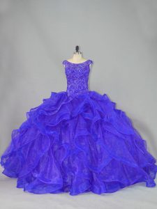 Custom Design Sleeveless Beading and Ruffles Lace Up 15th Birthday Dress with Blue Brush Train