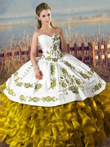 Fantastic Brown Ball Gowns Satin and Organza Sweetheart Sleeveless Embroidery and Ruffles Floor Length Lace Up Sweet 16 Quinceanera Dress