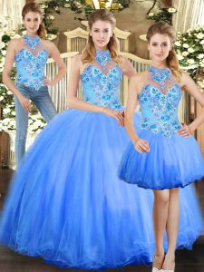 Custom Made Floor Length Blue Sweet 16 Quinceanera Dress Halter Top Sleeveless Lace Up