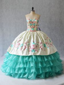 Ideal Sleeveless Lace Up Floor Length Embroidery and Ruffled Layers Vestidos de Quinceanera