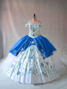 Custom Designed Off The Shoulder Sleeveless Organza Sweet 16 Dress Embroidery and Ruffles Lace Up