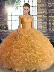 Nice Beading Ball Gown Prom Dress Gold Lace Up Sleeveless Floor Length