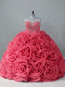 Custom Design Coral Red Fabric With Rolling Flowers Lace Up Sweetheart Sleeveless Quinceanera Dress Brush Train Beading